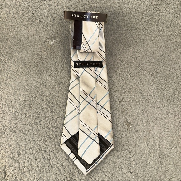 Structure Men's Tie Silver Gray 100% Silk Windowpane Plaid 58" - Picture 3 of 9